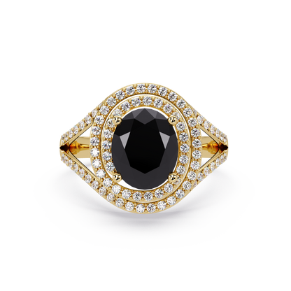 1.8 CTW Oval Double Halo Split Shank Colorstone Ring with Onyx center in 14K Yellow Gold – Lunéa Paris