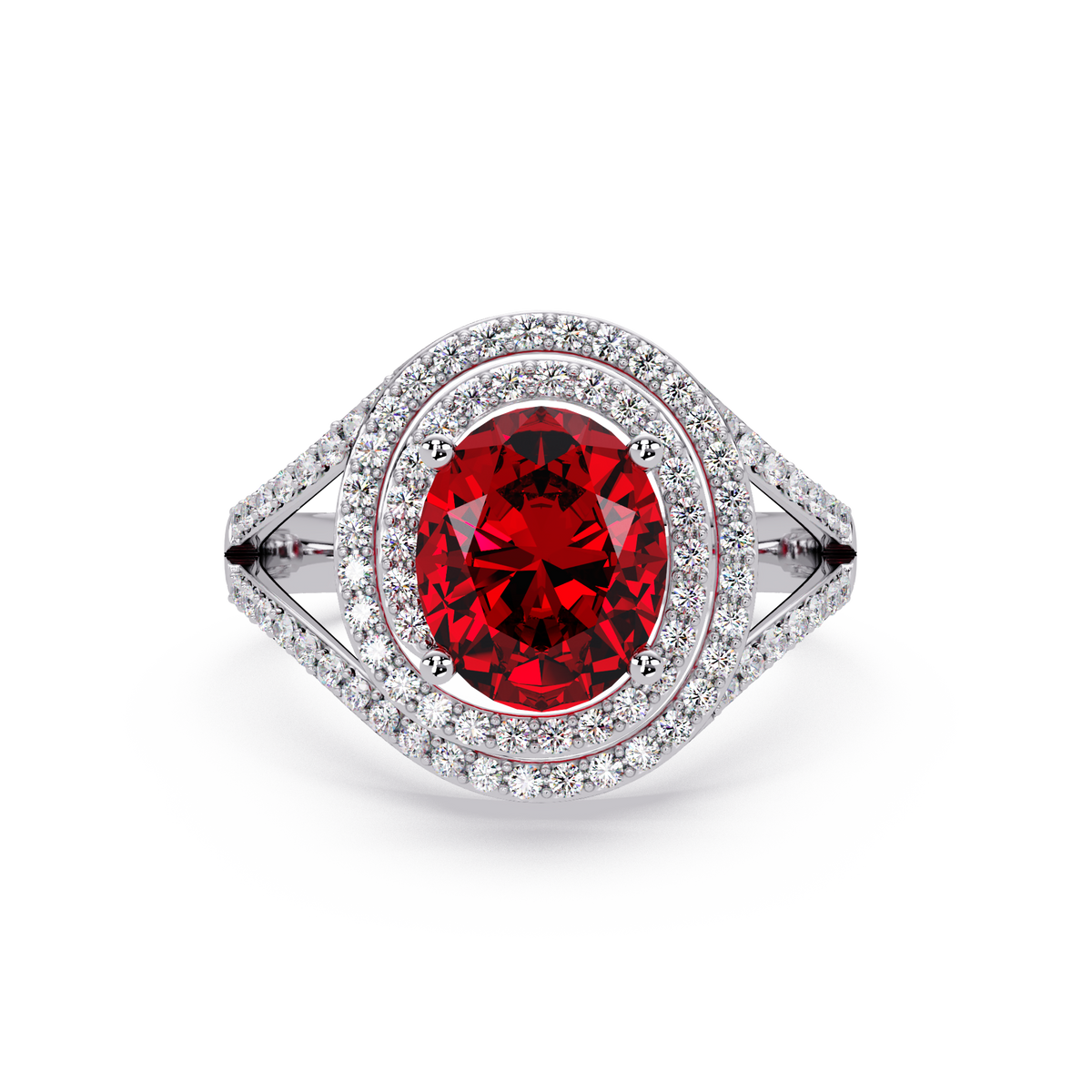 1.8 CTW Oval Double Halo Split Shank Colorstone Ring with Ruby Red center in 14K White Gold – Lunéa Paris