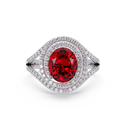 1.8 CTW Oval Double Halo Split Shank Colorstone Ring with Ruby Red center in 14K White Gold – Lunéa Paris
