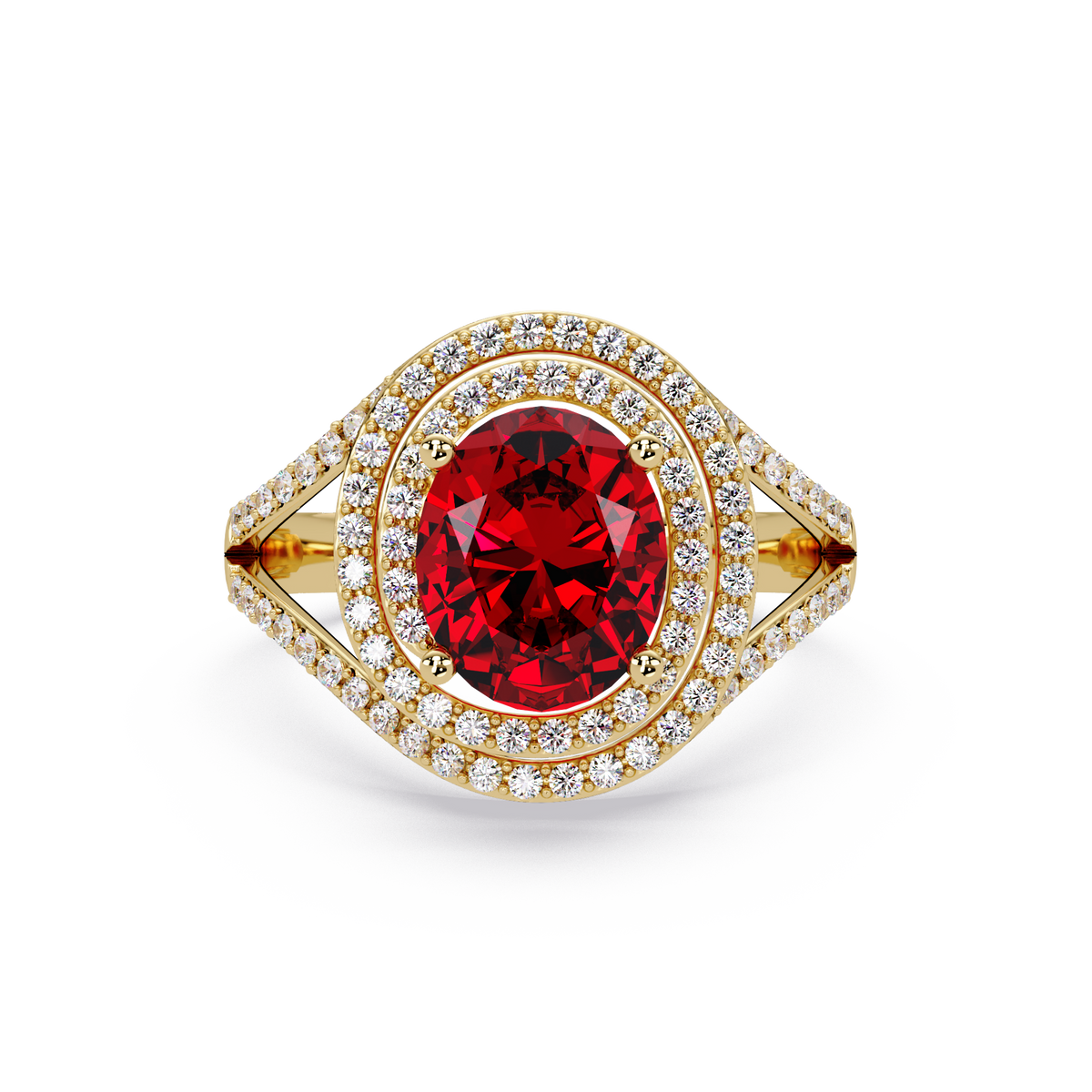 1.8 CTW Oval Double Halo Split Shank Colorstone Ring with Ruby Red center in 14K Yellow Gold – Lunéa Paris