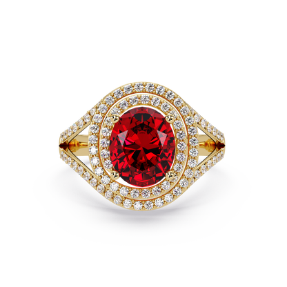 1.8 CTW Oval Double Halo Split Shank Colorstone Ring with Ruby Red center in 14K Yellow Gold – Lunéa Paris