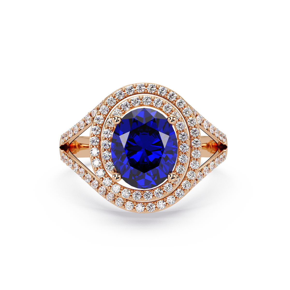 1.8 CTW Oval Double Halo Split Shank Colorstone Ring with Sapphire Blue center in 14K Rose Gold – Lunéa Paris