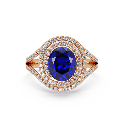 1.8 CTW Oval Double Halo Split Shank Colorstone Ring with Sapphire Blue center in 14K Rose Gold – Lunéa Paris
