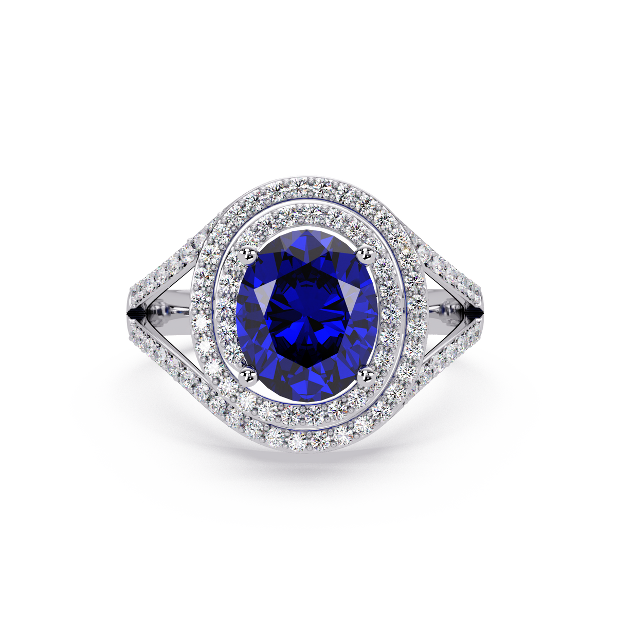 1.8 CTW Oval Double Halo Split Shank Colorstone Ring with Sapphire Blue center in 14K White Gold – Lunéa Paris