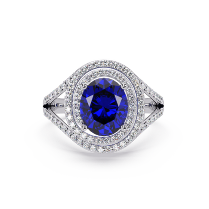 1.8 CTW Oval Double Halo Split Shank Colorstone Ring with Sapphire Blue center in 14K White Gold – Lunéa Paris