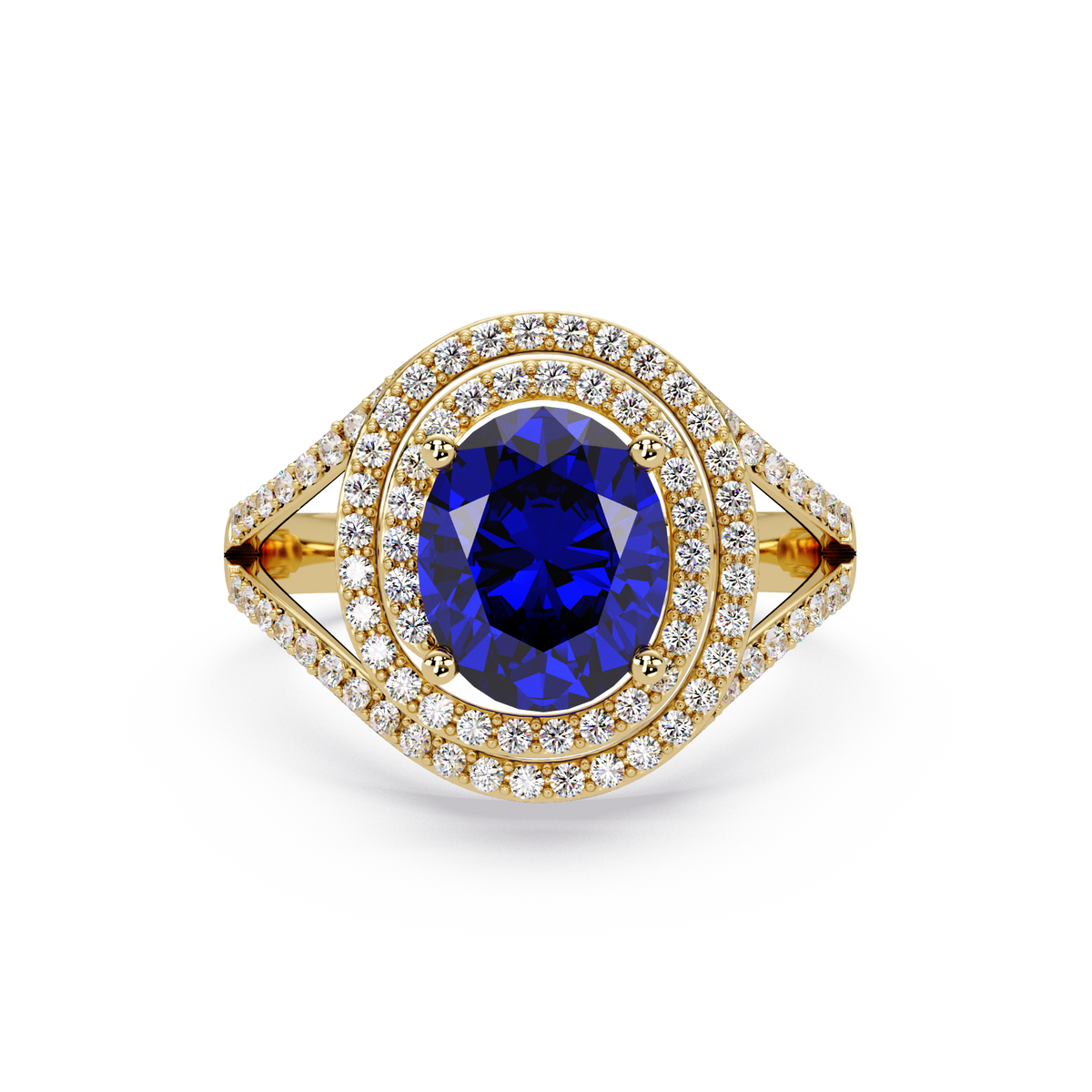 1.8 CTW Oval Double Halo Split Shank Colorstone Ring with Sapphire Blue center in 14K Yellow Gold – Lunéa Paris