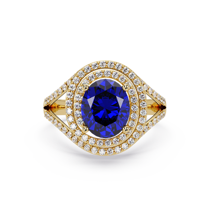 1.8 CTW Oval Double Halo Split Shank Colorstone Ring with Sapphire Blue center in 14K Yellow Gold – Lunéa Paris