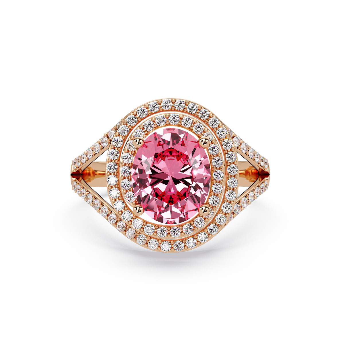 1.8 CTW Oval Double Halo Split Shank Colorstone Ring with Tourmaline Pink center in 14K Rose Gold – Lunéa Paris