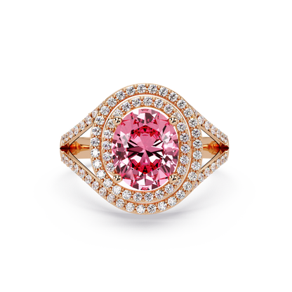 1.8 CTW Oval Double Halo Split Shank Colorstone Ring with Tourmaline Pink center in 14K Rose Gold – Lunéa Paris