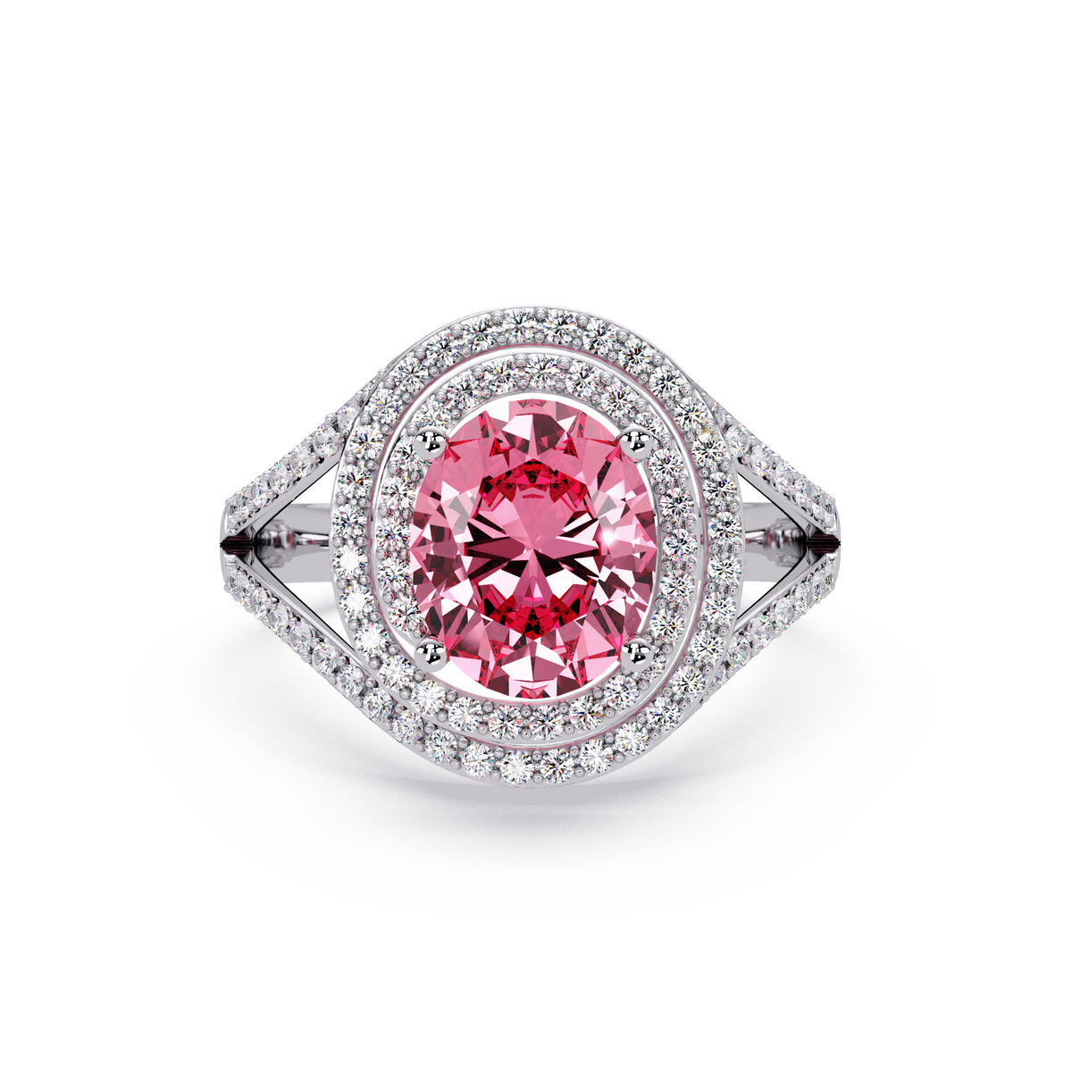 1.8 CTW Oval Double Halo Split Shank Colorstone Ring with Tourmaline Pink center in 14K White Gold – Lunéa Paris
