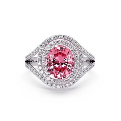 1.8 CTW Oval Double Halo Split Shank Colorstone Ring with Tourmaline Pink center in 14K White Gold – Lunéa Paris