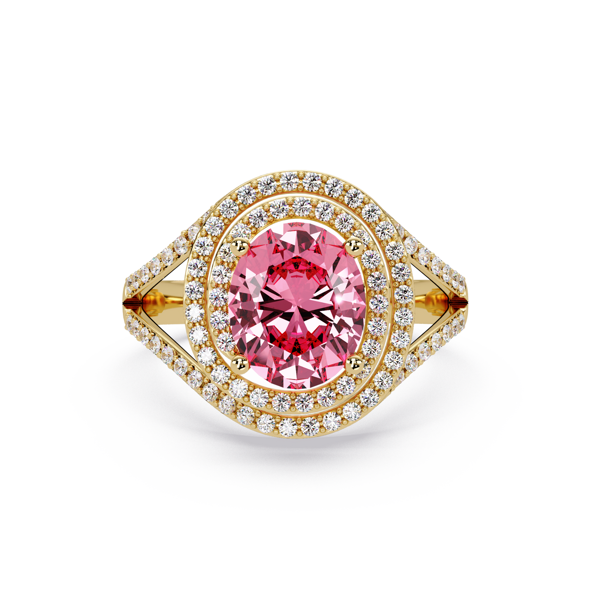 1.8 CTW Oval Double Halo Split Shank Colorstone Ring with Tourmaline Pink center in 14K Yellow Gold – Lunéa Paris