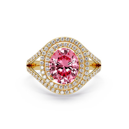 1.8 CTW Oval Double Halo Split Shank Colorstone Ring with Tourmaline Pink center in 14K Yellow Gold – Lunéa Paris