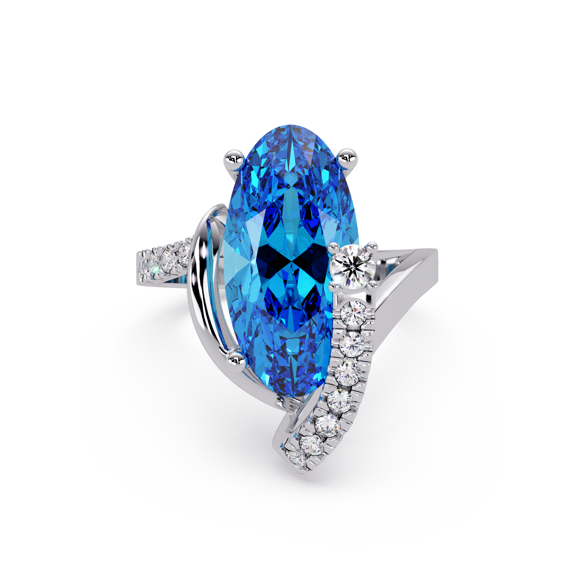 5.4 CTW Elongated Oval Pavé Bypass Colorstone Ring with Aquamarine Blue center in 14K White Gold – Lunéa Paris