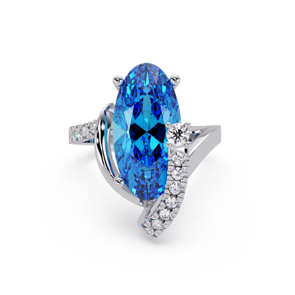 5.4 CTW Elongated Oval Pavé Bypass Colorstone Ring with Aquamarine Blue center in 14K White Gold – Lunéa Paris