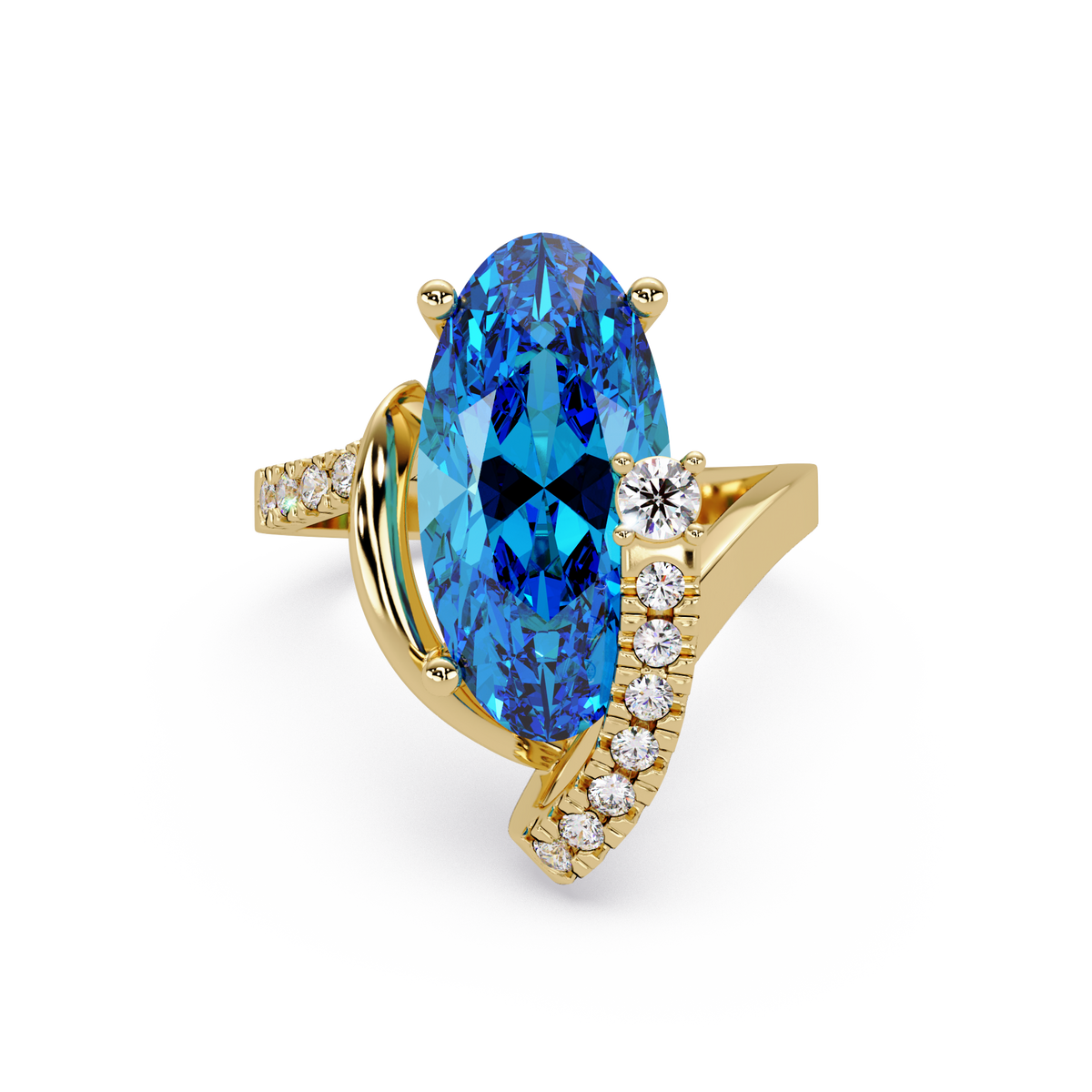 5.4 CTW Elongated Oval Pavé Bypass Colorstone Ring with Aquamarine Blue center in 14K Yellow Gold – Lunéa Paris