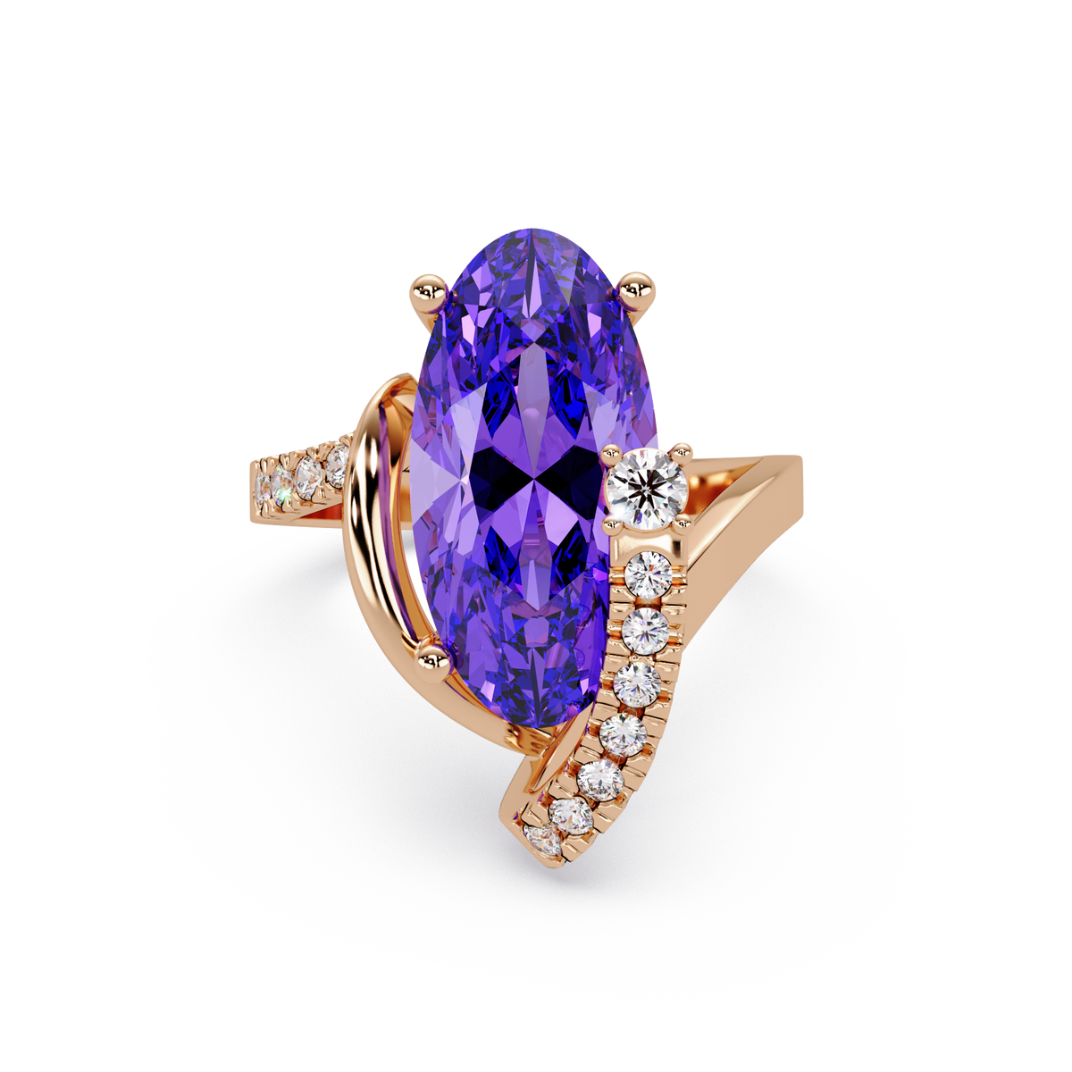 5.4 CTW Elongated Oval Pavé Bypass Colorstone Ring with Amethyst Purple center in 14K Rose Gold – Lunéa Paris