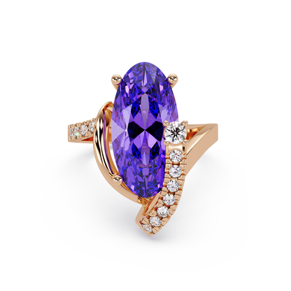 5.4 CTW Elongated Oval Pavé Bypass Colorstone Ring with Amethyst Purple center in 14K Rose Gold – Lunéa Paris