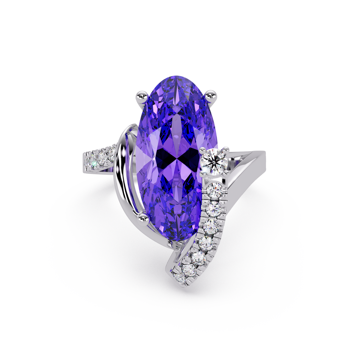 5.4 CTW Elongated Oval Pavé Bypass Colorstone Ring with Amethyst Purple center in 14K White Gold – Lunéa Paris