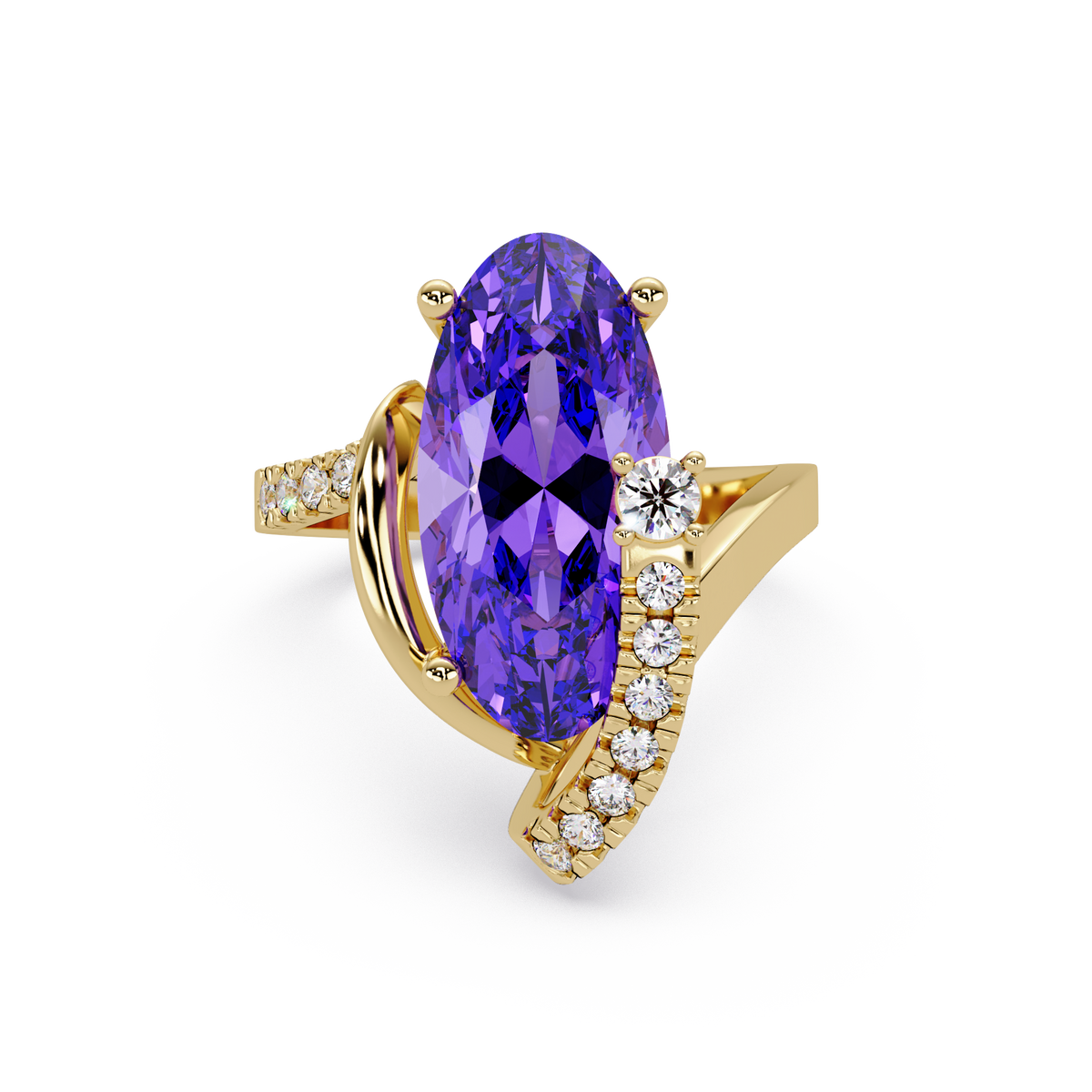 5.4 CTW Elongated Oval Pavé Bypass Colorstone Ring with Amethyst Purple center in 14K Yellow Gold – Lunéa Paris
