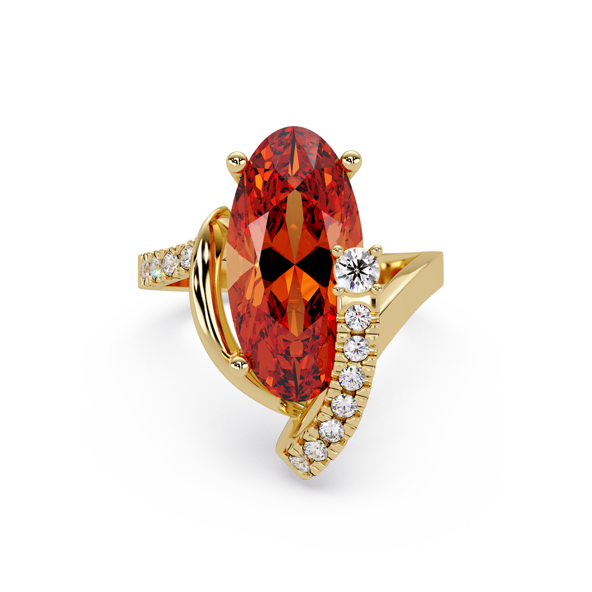 5.4 CTW Elongated Oval Pavé Bypass Colorstone Ring with Champagne Topaz center in 14K Yellow Gold – Lunéa Paris
