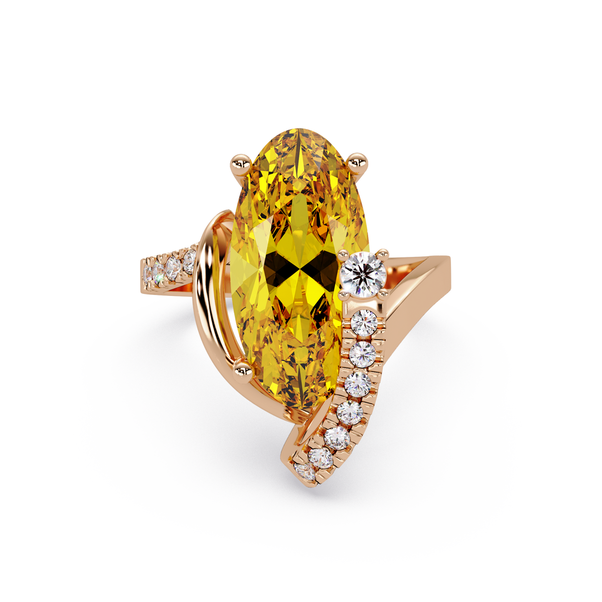 5.4 CTW Elongated Oval Pavé Bypass Colorstone Ring with Citrine Yellow center in 14K Rose Gold – Lunéa Paris