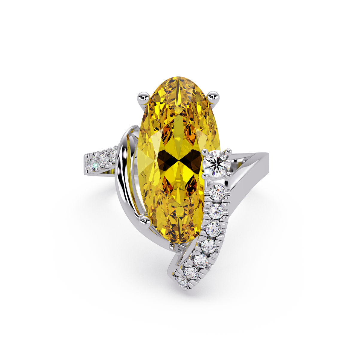5.4 CTW Elongated Oval Pavé Bypass Colorstone Ring with Citrine Yellow center in 14K White Gold – Lunéa Paris