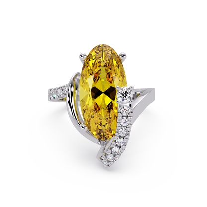 5.4 CTW Elongated Oval Pavé Bypass Colorstone Ring with Citrine Yellow center in 14K White Gold – Lunéa Paris