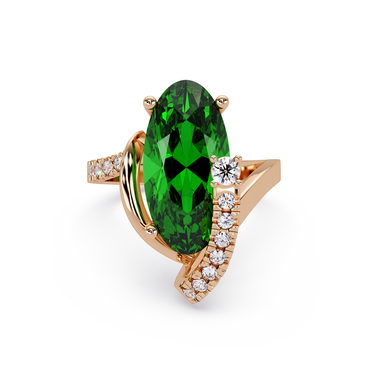 5.4 CTW Elongated Oval Pavé Bypass Colorstone Ring with Emerald Green center in 14K Rose Gold – Lunéa Paris