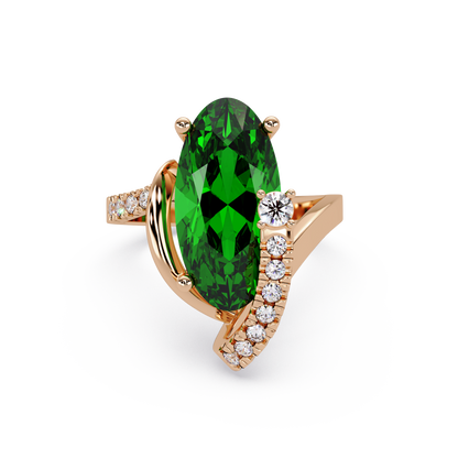 5.4 CTW Elongated Oval Pavé Bypass Colorstone Ring with Emerald Green center in 14K Rose Gold – Lunéa Paris