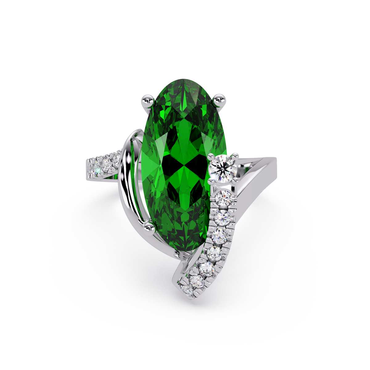 5.4 CTW Elongated Oval Pavé Bypass Colorstone Ring with Emerald Green center in 14K White Gold – Lunéa Paris