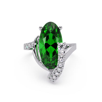 5.4 CTW Elongated Oval Pavé Bypass Colorstone Ring with Emerald Green center in 14K White Gold – Lunéa Paris