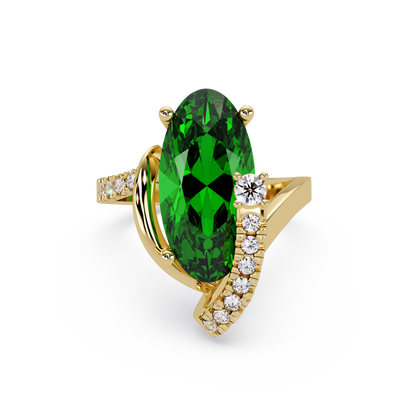 5.4 CTW Elongated Oval Pavé Bypass Colorstone Ring with Emerald Green center in 14K Yellow Gold – Lunéa Paris