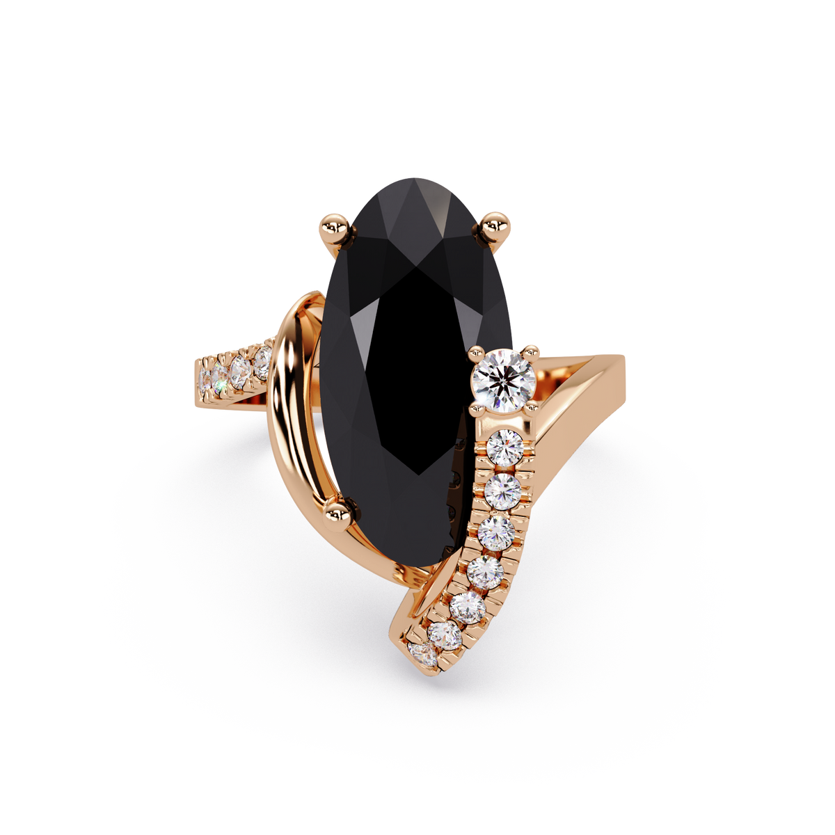 5.4 CTW Elongated Oval Pavé Bypass Colorstone Ring with Onyx center in 14K Rose Gold – Lunéa Paris