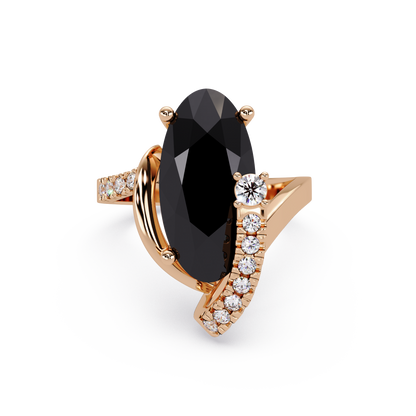 5.4 CTW Elongated Oval Pavé Bypass Colorstone Ring with Onyx center in 14K Rose Gold – Lunéa Paris