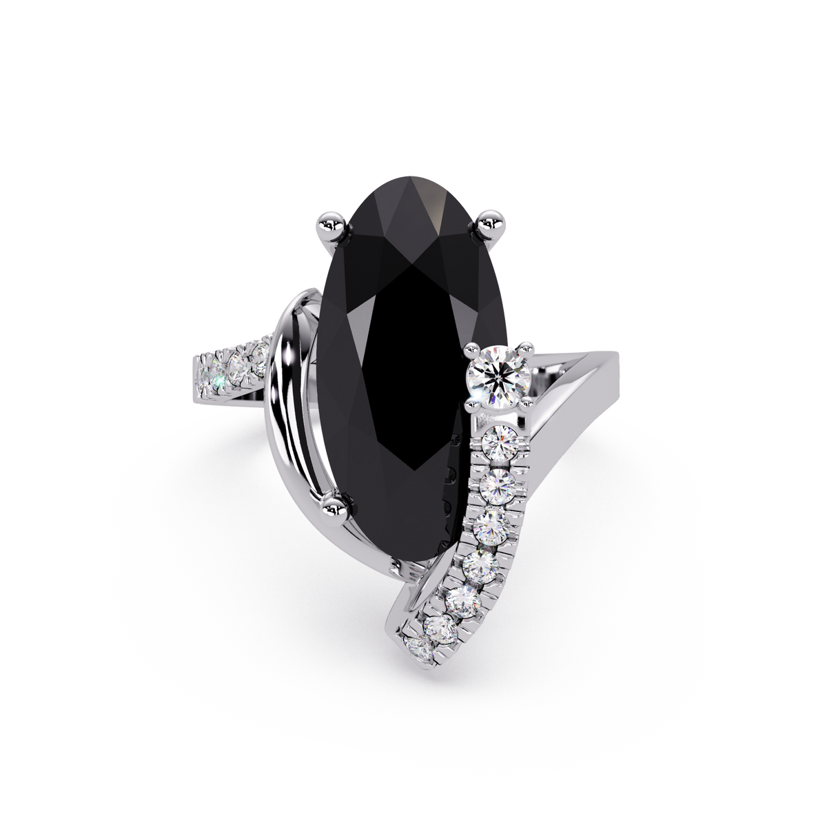 5.4 CTW Elongated Oval Pavé Bypass Colorstone Ring with Onyx center in 14K White Gold – Lunéa Paris