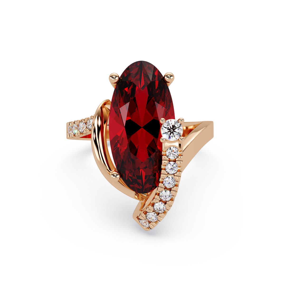 5.4 CTW Elongated Oval Pavé Bypass Colorstone Ring with Ruby Red center in 14K Rose Gold – Lunéa Paris