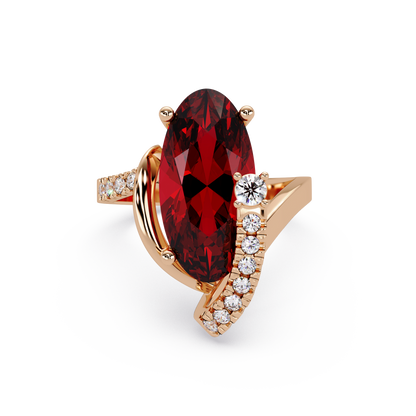 5.4 CTW Elongated Oval Pavé Bypass Colorstone Ring with Ruby Red center in 14K Rose Gold – Lunéa Paris