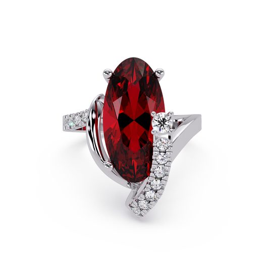 5.4 CTW Elongated Oval Pavé Bypass Colorstone Ring with Ruby Red center in 14K White Gold – Lunéa Paris