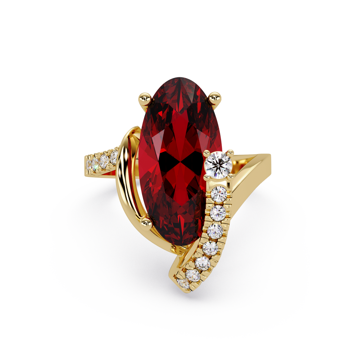 5.4 CTW Elongated Oval Pavé Bypass Colorstone Ring with Ruby Red center in 14K Yellow Gold – Lunéa Paris