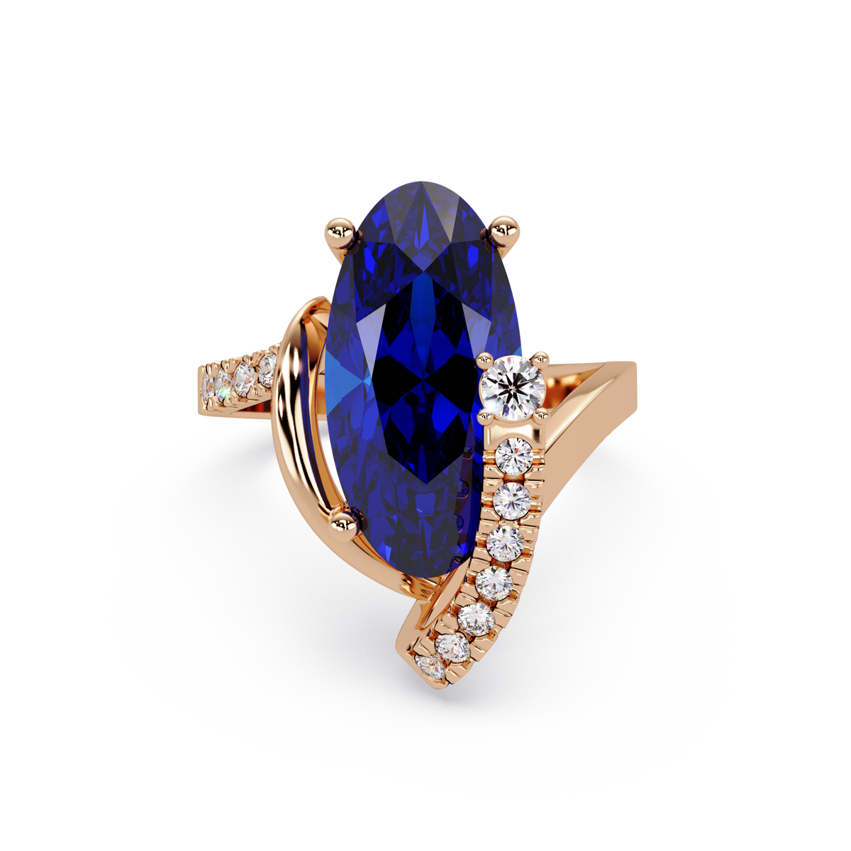 5.4 CTW Elongated Oval Pavé Bypass Colorstone Ring with Sapphire Blue center in 14K Rose Gold – Lunéa Paris