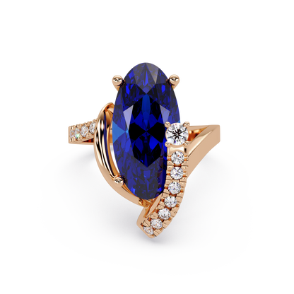 5.4 CTW Elongated Oval Pavé Bypass Colorstone Ring with Sapphire Blue center in 14K Rose Gold – Lunéa Paris
