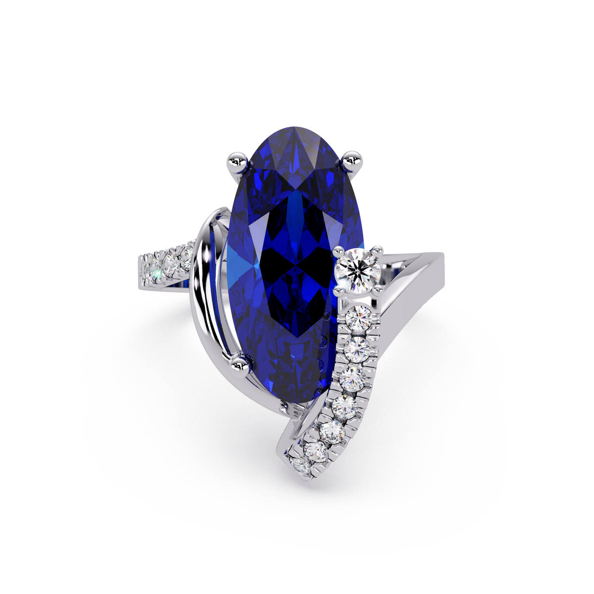 5.4 CTW Elongated Oval Pavé Bypass Colorstone Ring with Sapphire Blue center in 14K White Gold – Lunéa Paris