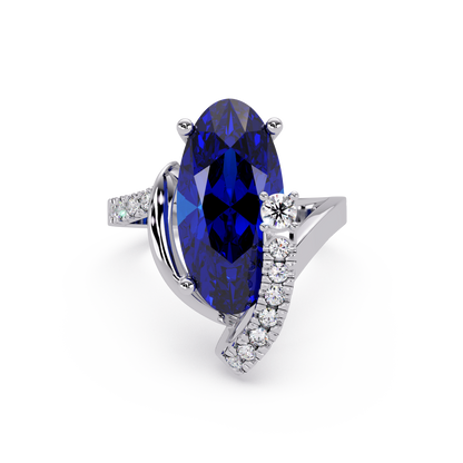 5.4 CTW Elongated Oval Pavé Bypass Colorstone Ring with Sapphire Blue center in 14K White Gold – Lunéa Paris