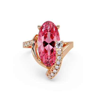 5.4 CTW Elongated Oval Pavé Bypass Colorstone Ring with Tourmaline Pink center in 14K Rose Gold – Lunéa Paris