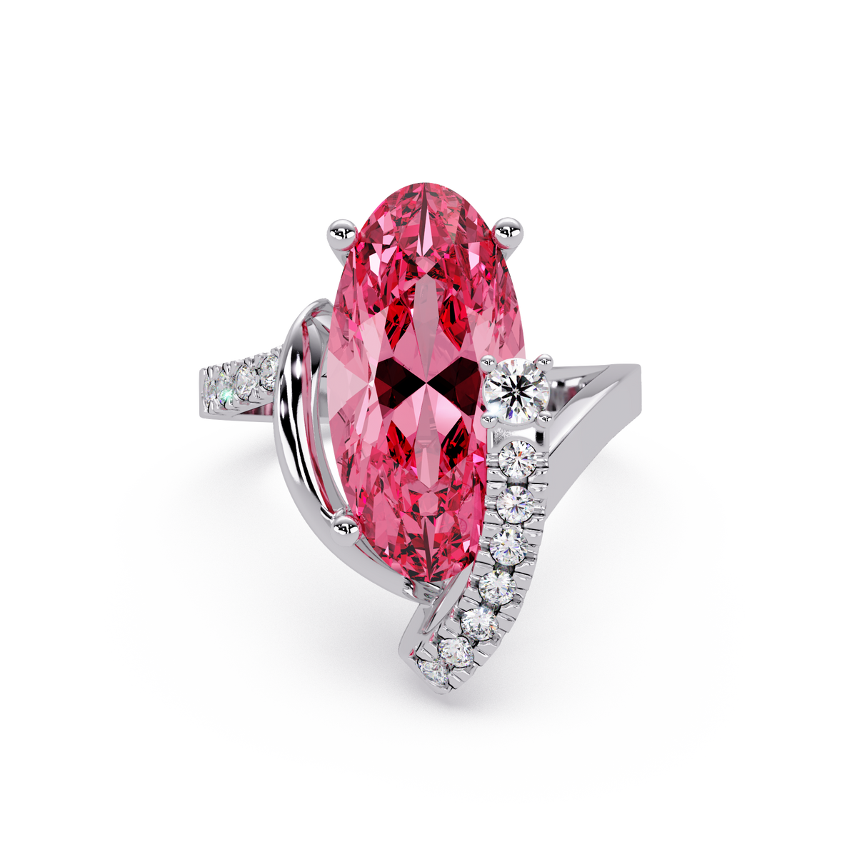 5.4 CTW Elongated Oval Pavé Bypass Colorstone Ring with Tourmaline Pink center in 14K White Gold – Lunéa Paris