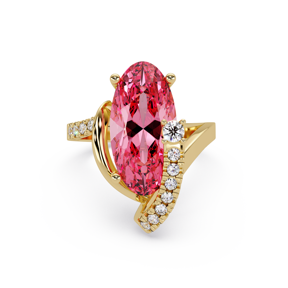 5.4 CTW Elongated Oval Pavé Bypass Colorstone Ring with Tourmaline Pink center in 14K Yellow Gold – Lunéa Paris