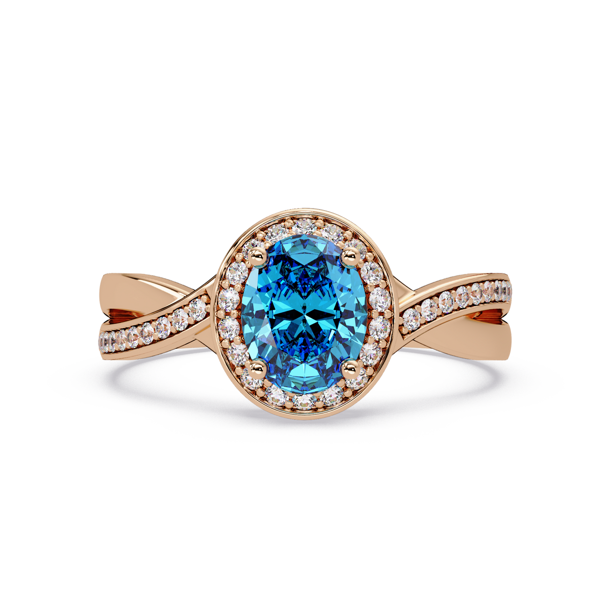 0.6 CTW Oval Halo Split Shank Colorstone Ring with Aquamarine Blue center in 14K Rose Gold – Lunéa Paris