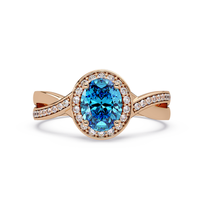 0.6 CTW Oval Halo Split Shank Colorstone Ring with Aquamarine Blue center in 14K Rose Gold – Lunéa Paris