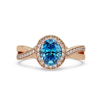 0.6 CTW Oval Halo Split Shank Colorstone Ring with Aquamarine Blue center in 14K Rose Gold – Lunéa Paris